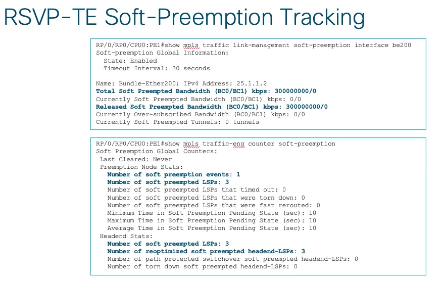 Soft-preemption accounting shows 300 Gbps released. The counter example shows one event, three preempted and reoptimized LSPs, a corrected zero timeout count, and 10-second pending times.