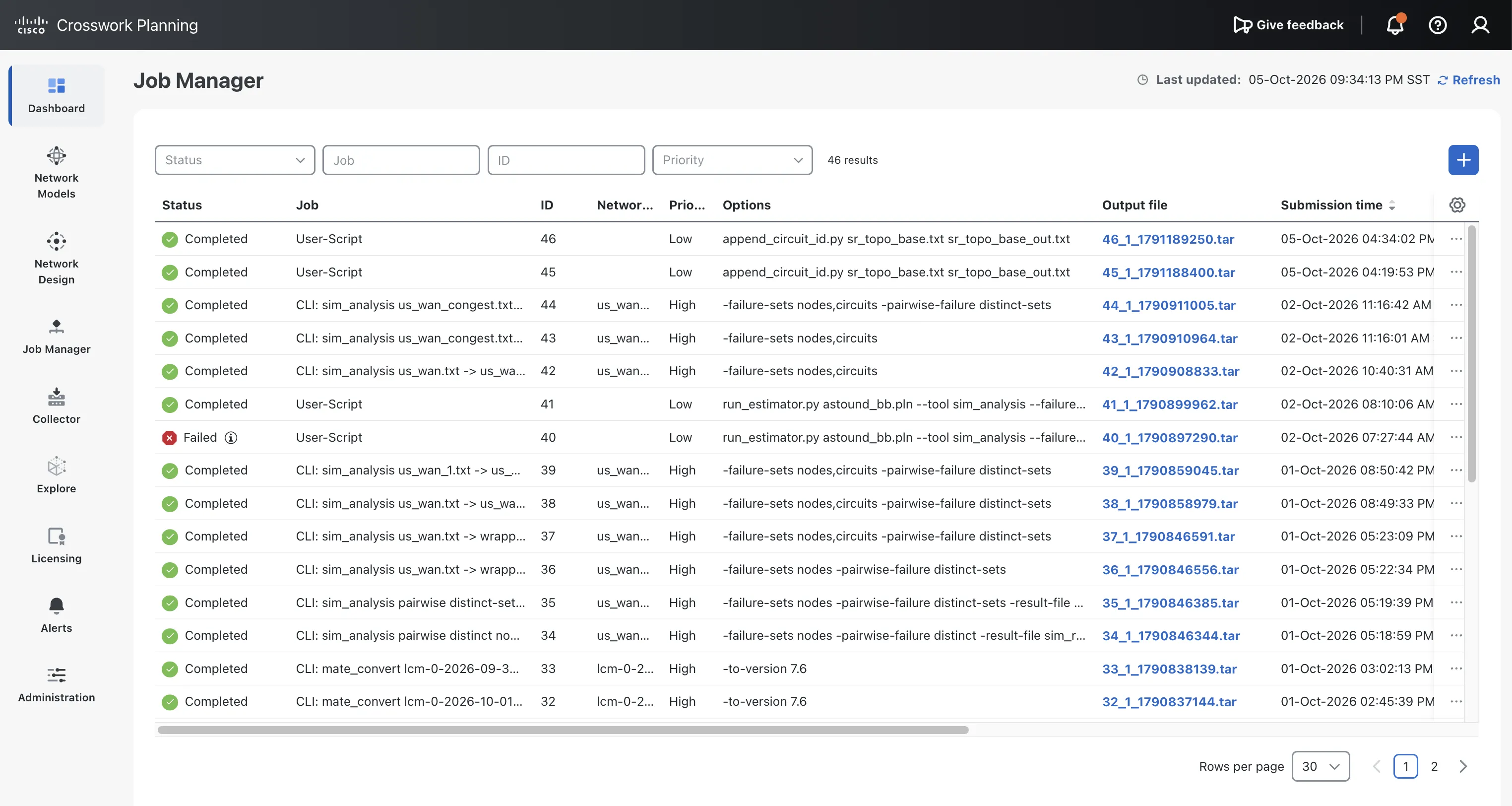 Crosswork Planning Job Manager showing job staus