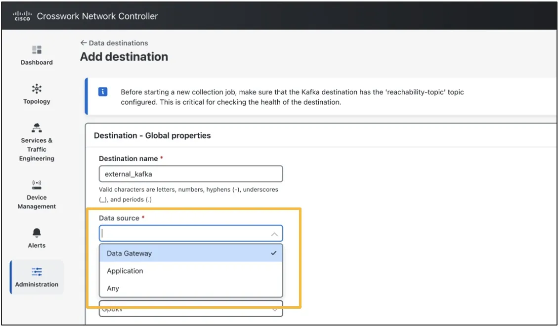 Kafka destination data source selection