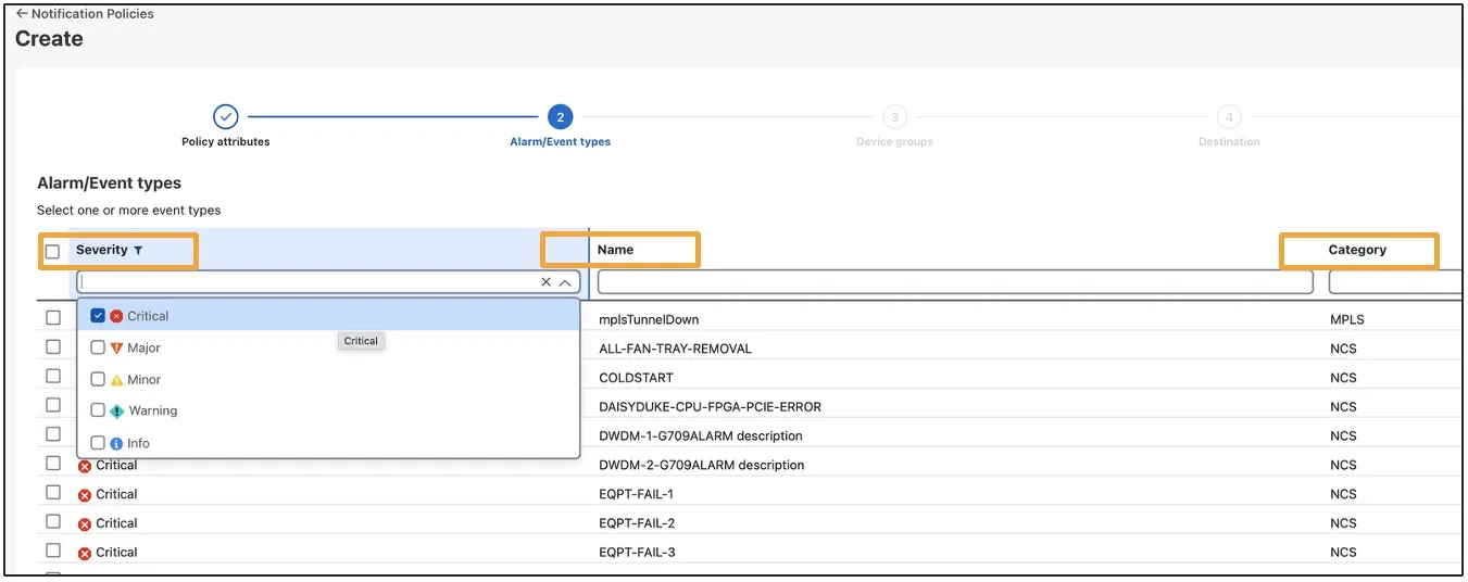 Device alarm and event filter criteria