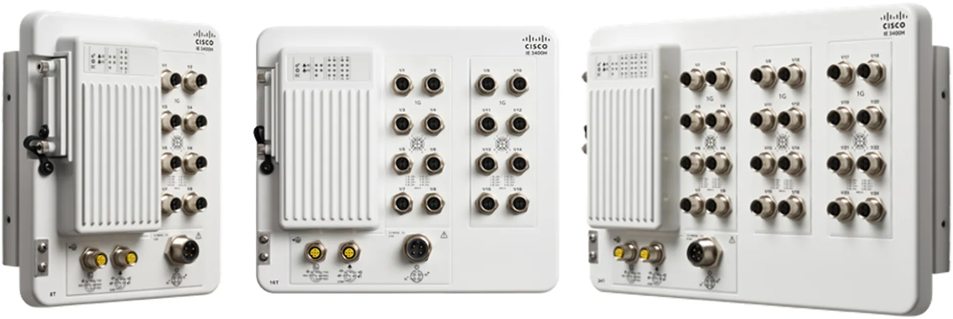 Front of IE-3400H-8T, IE-3400H-16T & IE-3400H-24T (from left to right)