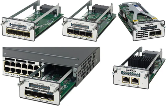 Network Modules with Four GbE, Two 10GbE SFP+ Interfaces, Two 10GB-T and Service Module with Two 10GbE SFP+ Interfaces